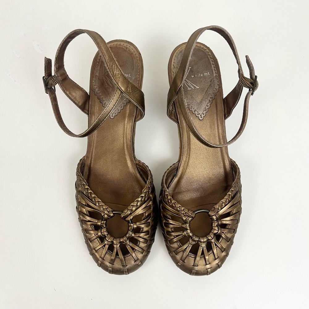 White Mountain Metallic Tan Gold Tessa Leather Woven Kitten Heel Women’s Size 7